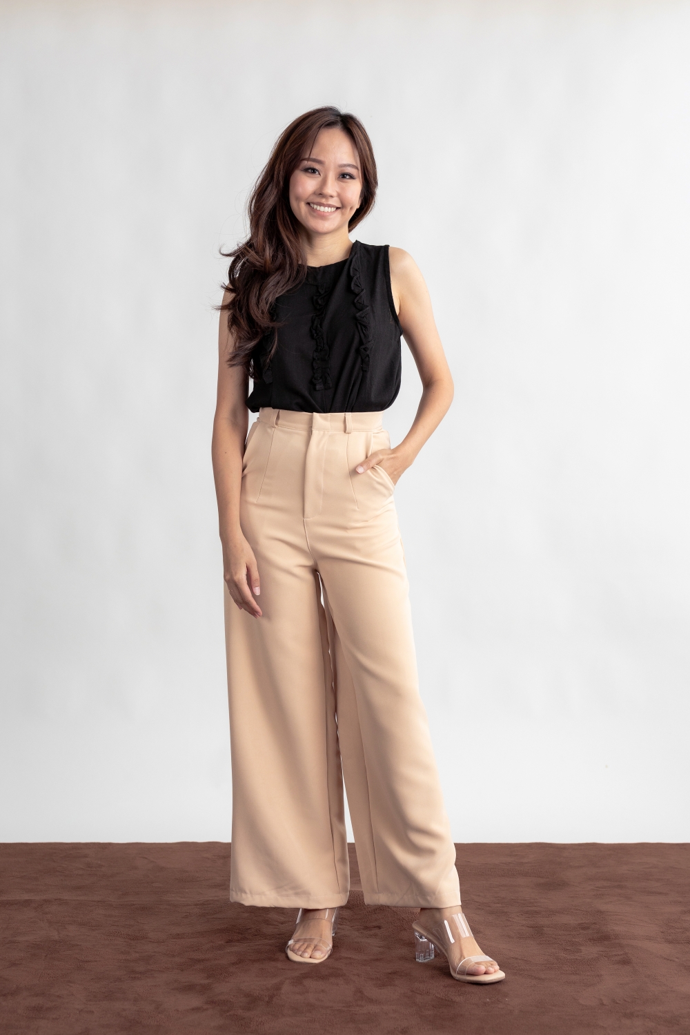 High Waist Wide Leg Tailored Pants - Beige