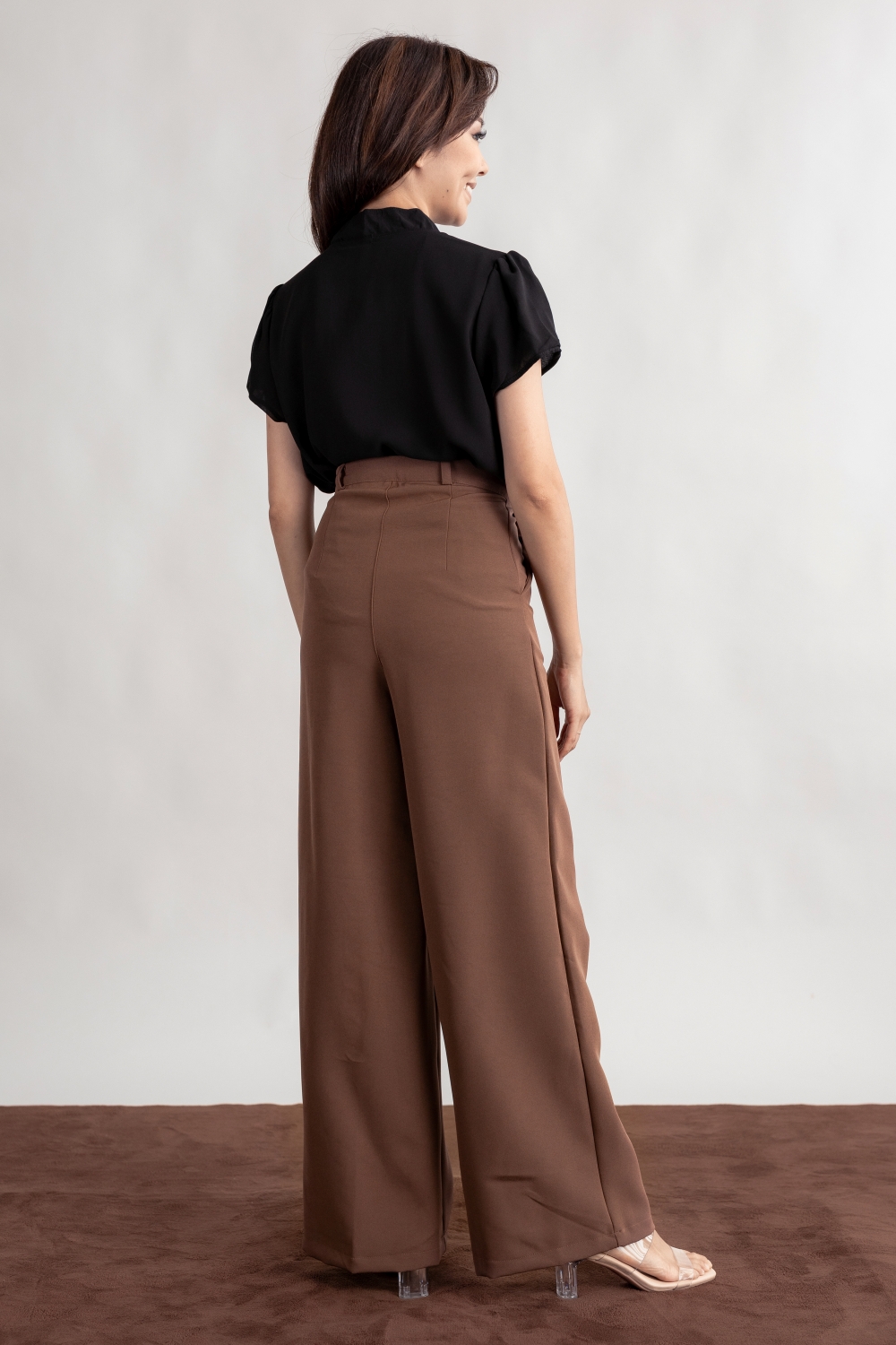 High Waist Wide Leg Tailored Pants - Dark Brown - Image 10
