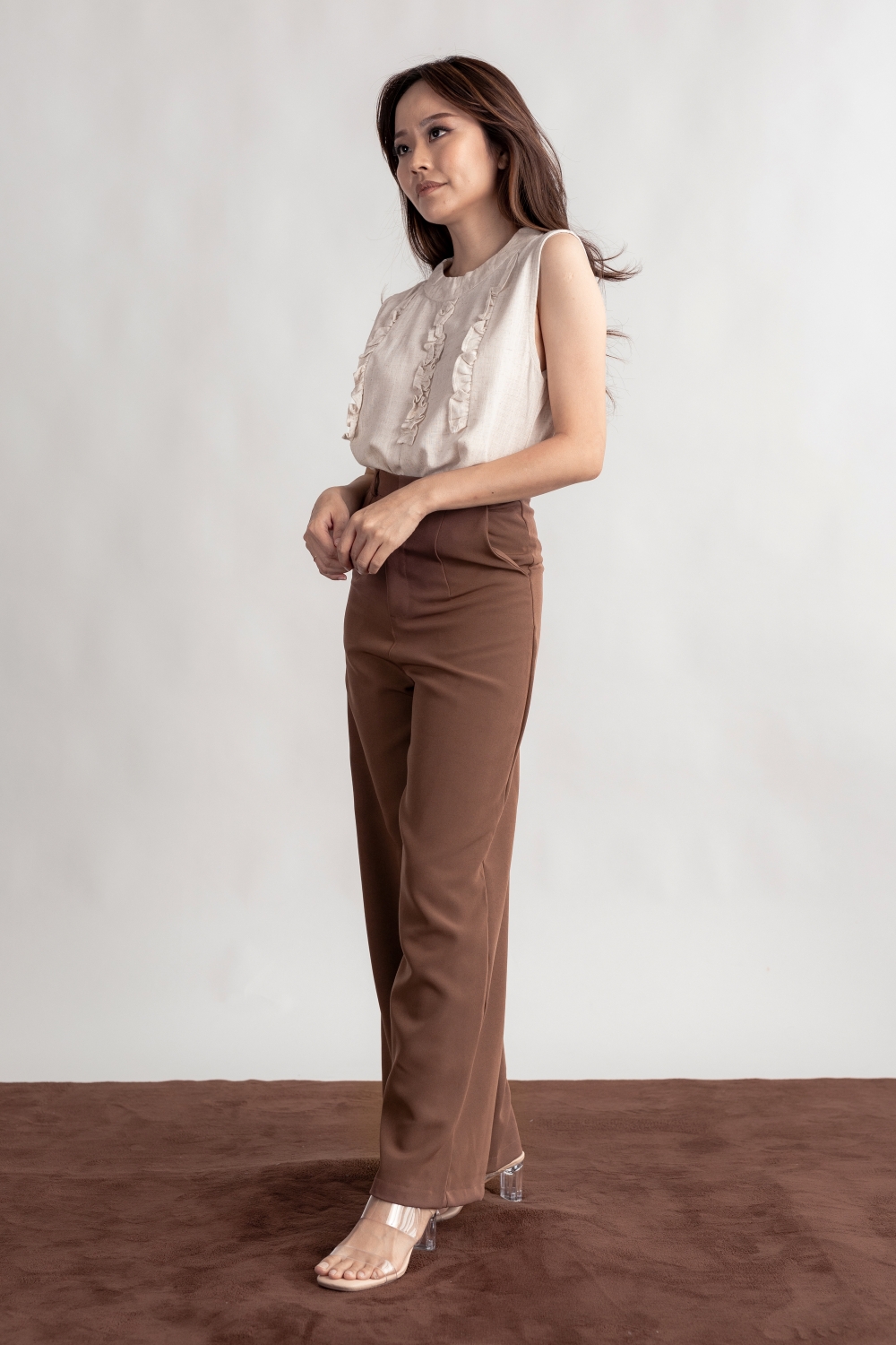 High Waist Wide Leg Tailored Pants - Dark Brown - Image 3