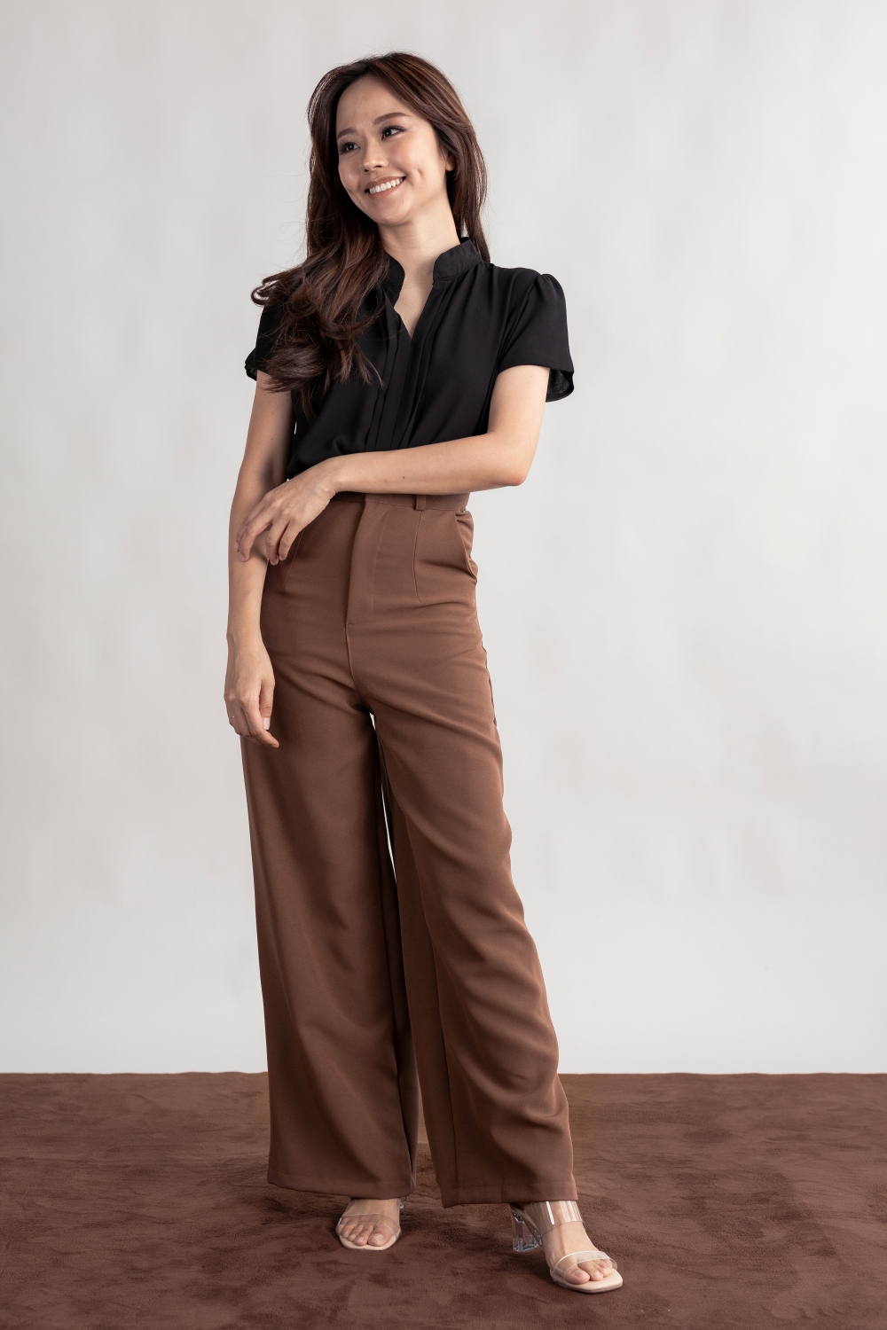 High Waist Wide Leg Tailored Pants - Dark Brown - Image 8
