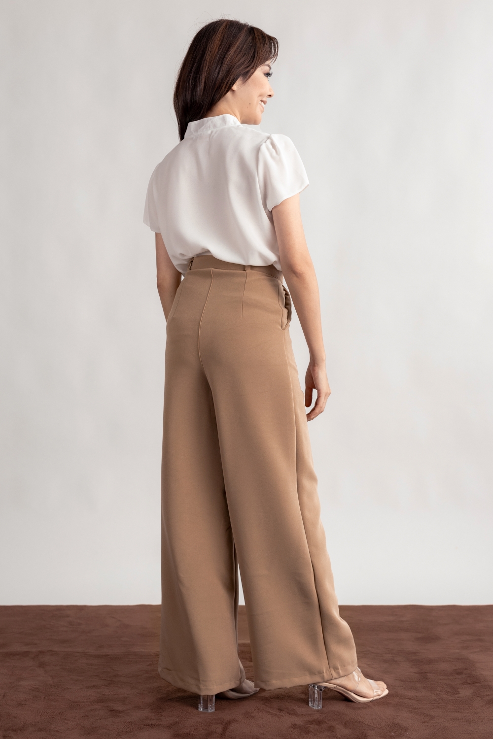 High Waist Wide Leg Tailored Pants - Light Brown - Image 2
