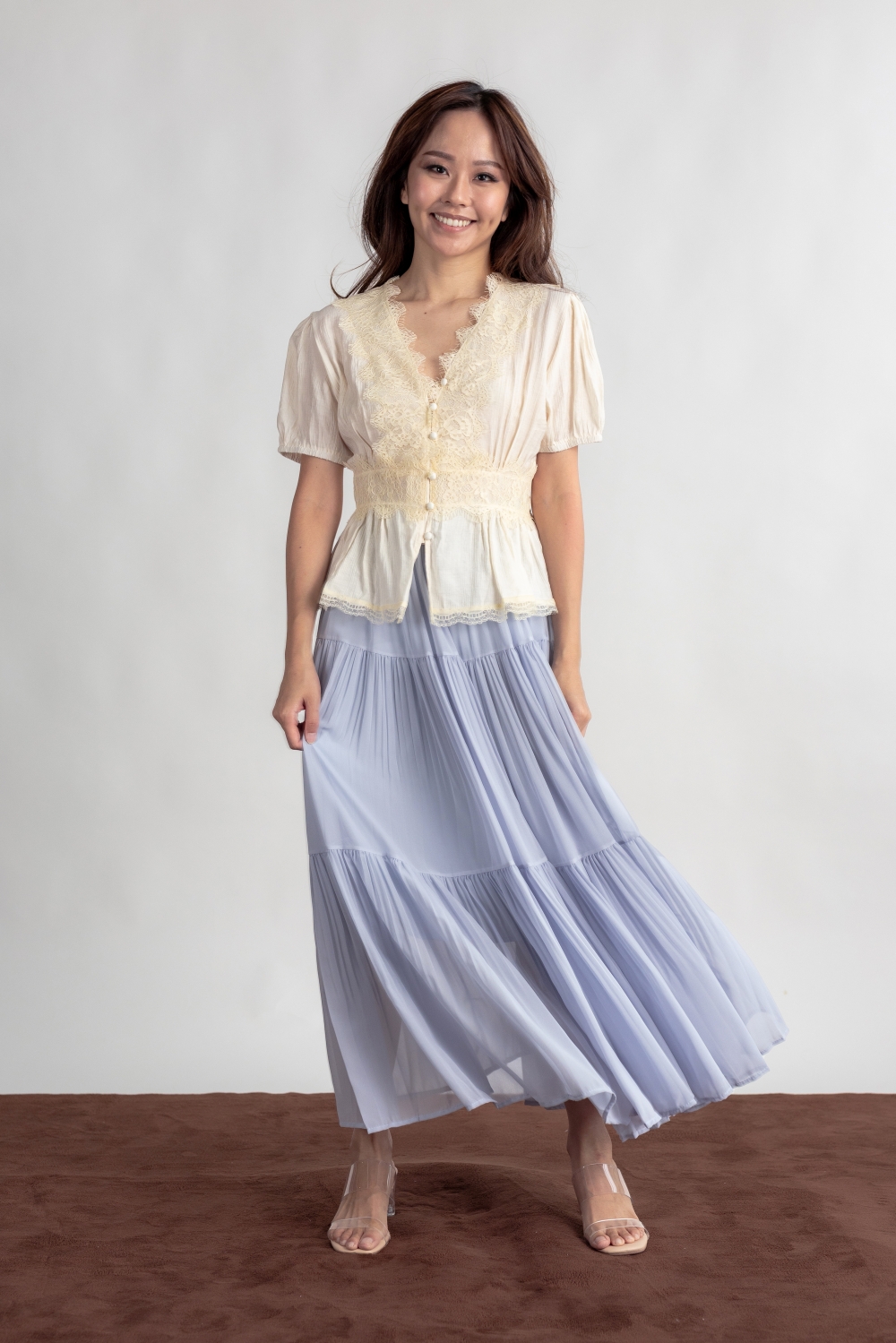 Chiffon Pleated Tiered Skirt - Blue