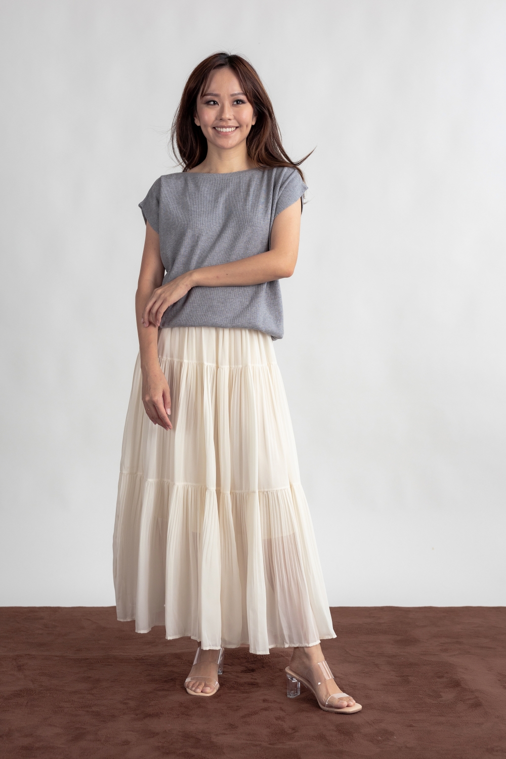 Chiffon Pleated Tiered Skirt - Cream