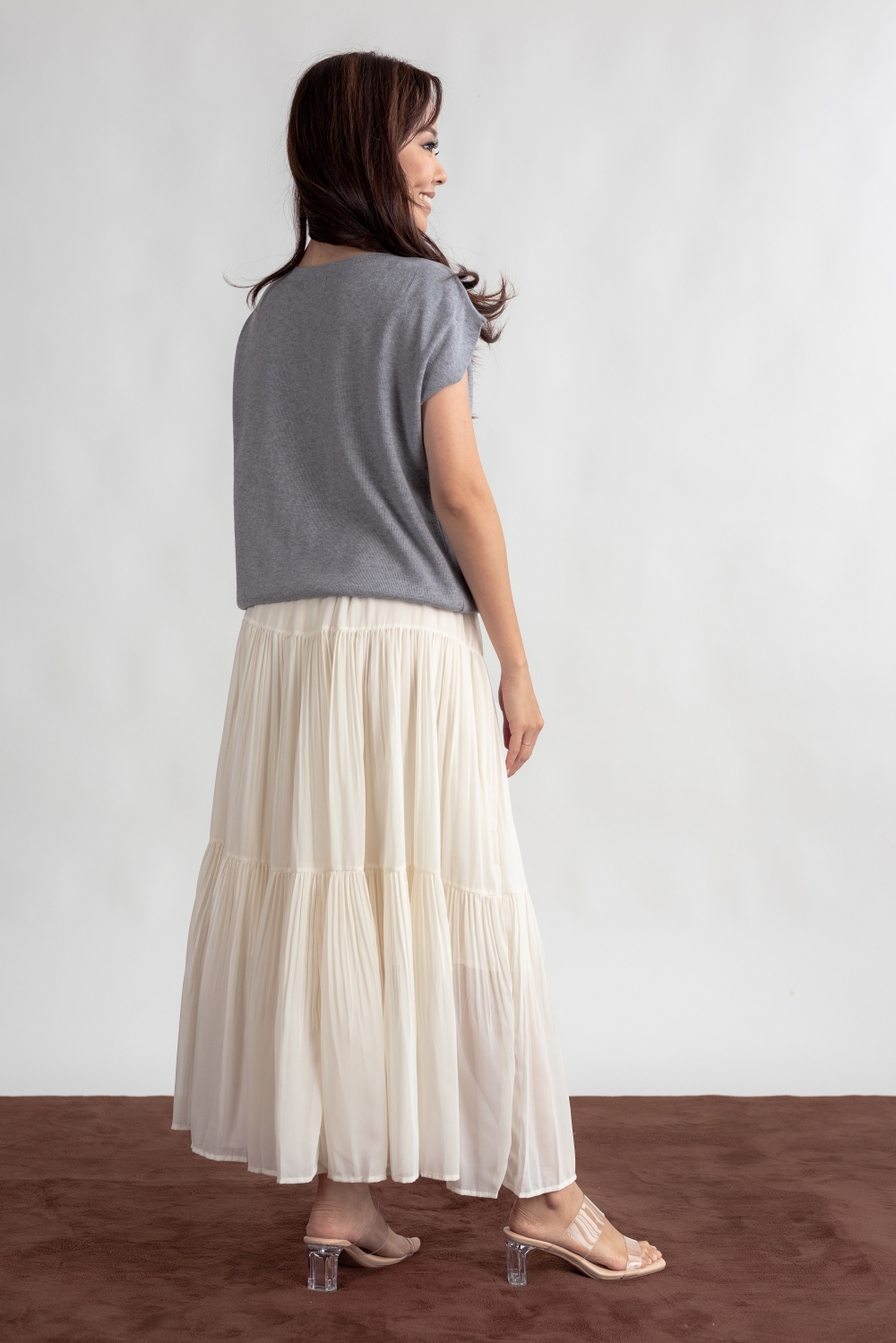 Chiffon Pleated Tiered Skirt - Cream - Image 7