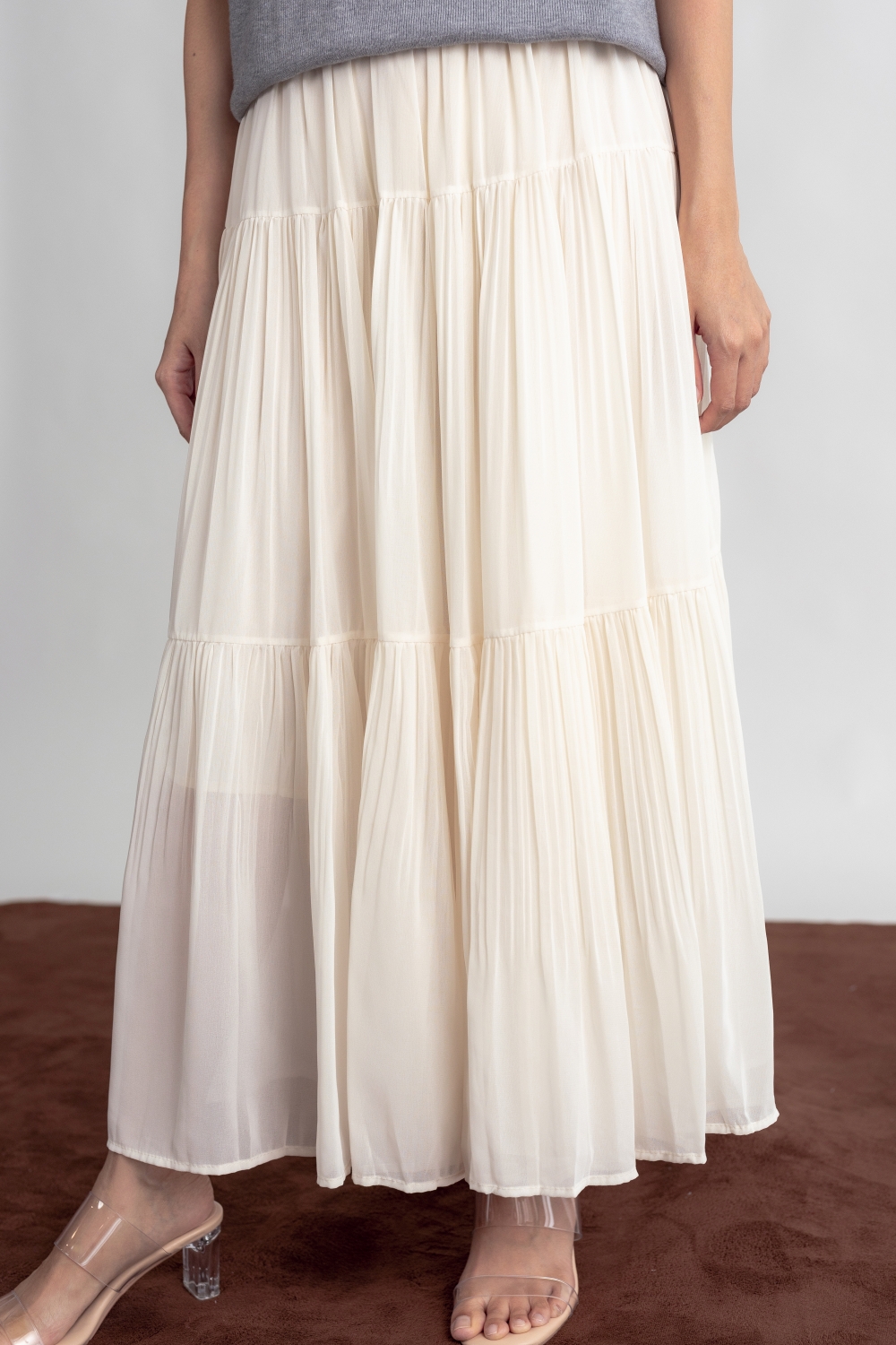 Chiffon Pleated Tiered Skirt - Cream - Image 2