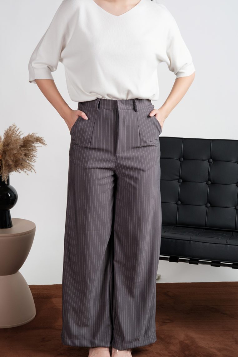 Alternative view of Striped High Waist Tailored Pants - Grey