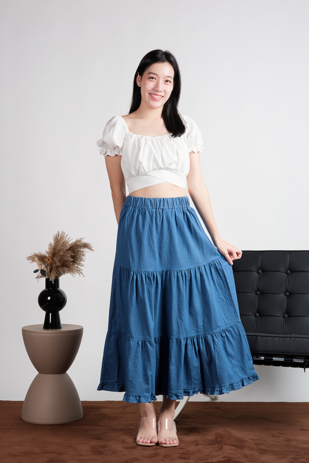 Denim Tiered Maxi Skirt - Blue - Image 3
