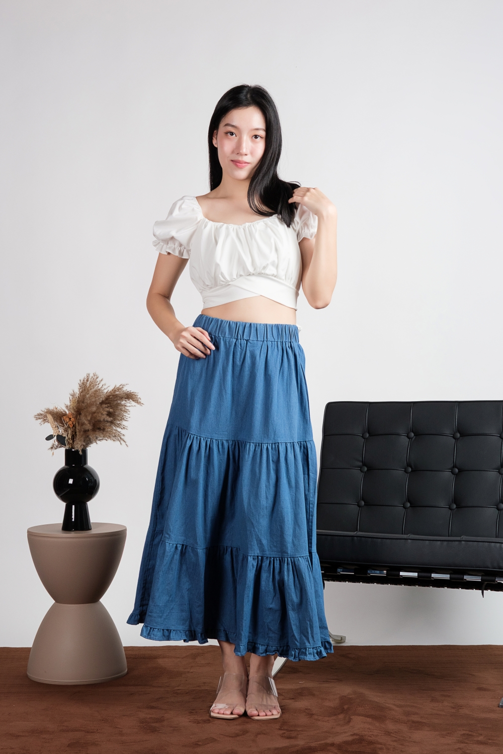 Denim Tiered Maxi Skirt - Blue