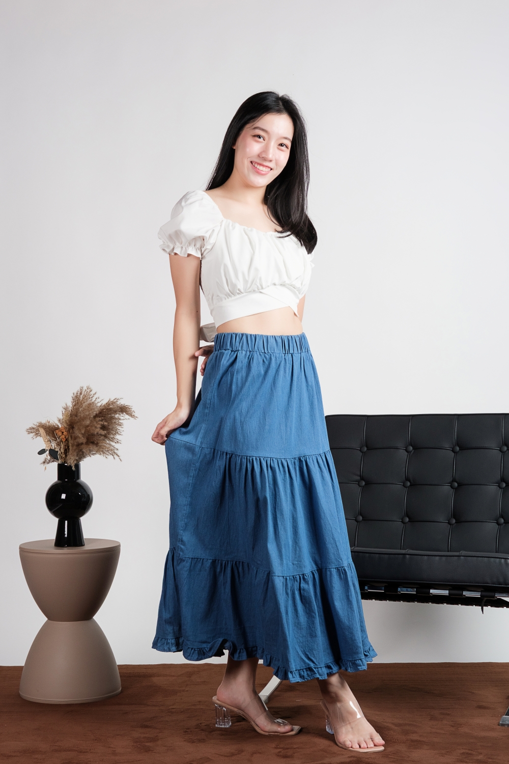 Denim Tiered Maxi Skirt - Blue - Image 7