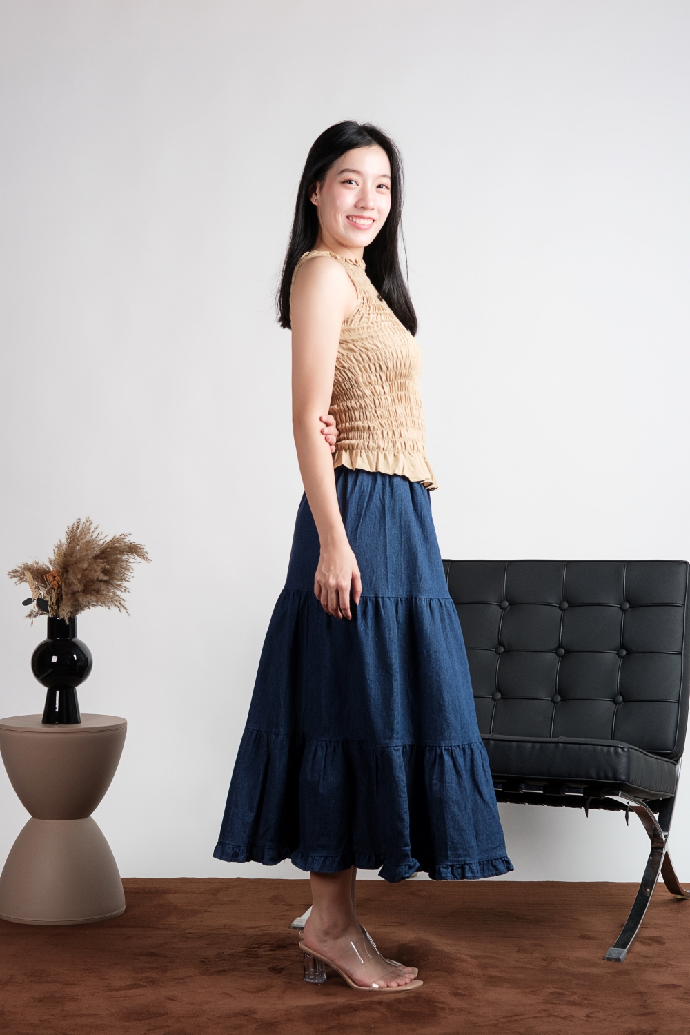 Denim Tiered Maxi Skirt - Dark Blue - Image 5