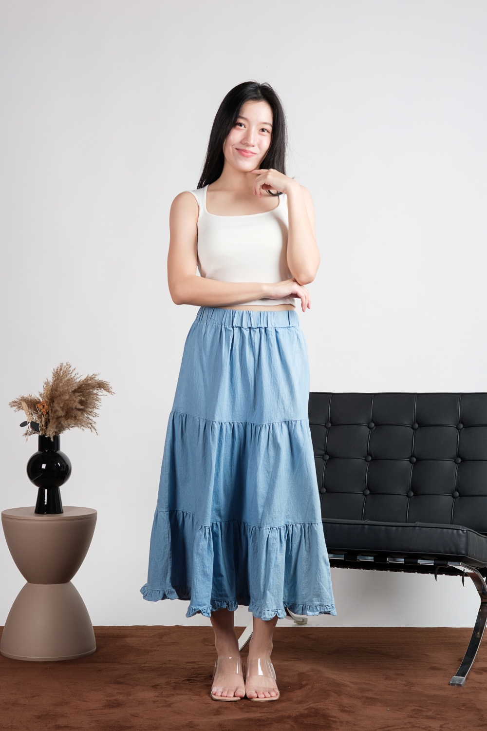 Denim Tiered Maxi Skirt - Light Blue - Image 3