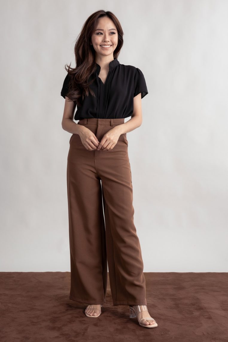 Mandarin Collar Pleated Front Blouse - Black