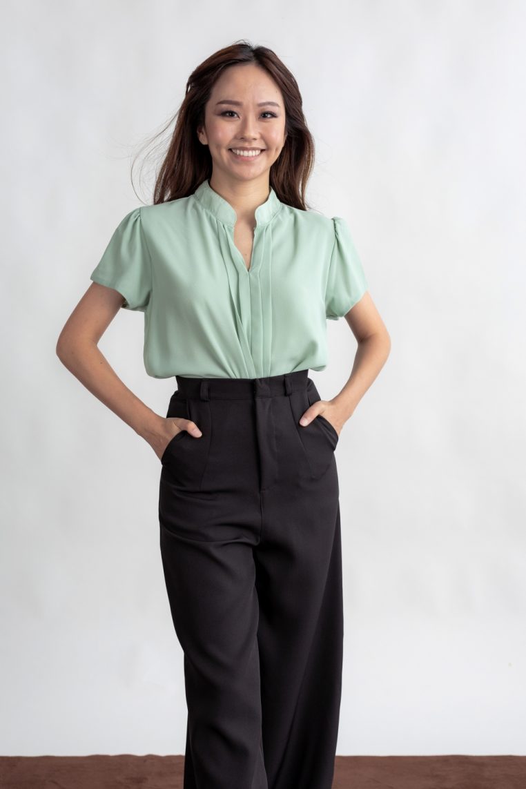 Mandarin Collar Pleated Front Blouse - Mint - Image 3