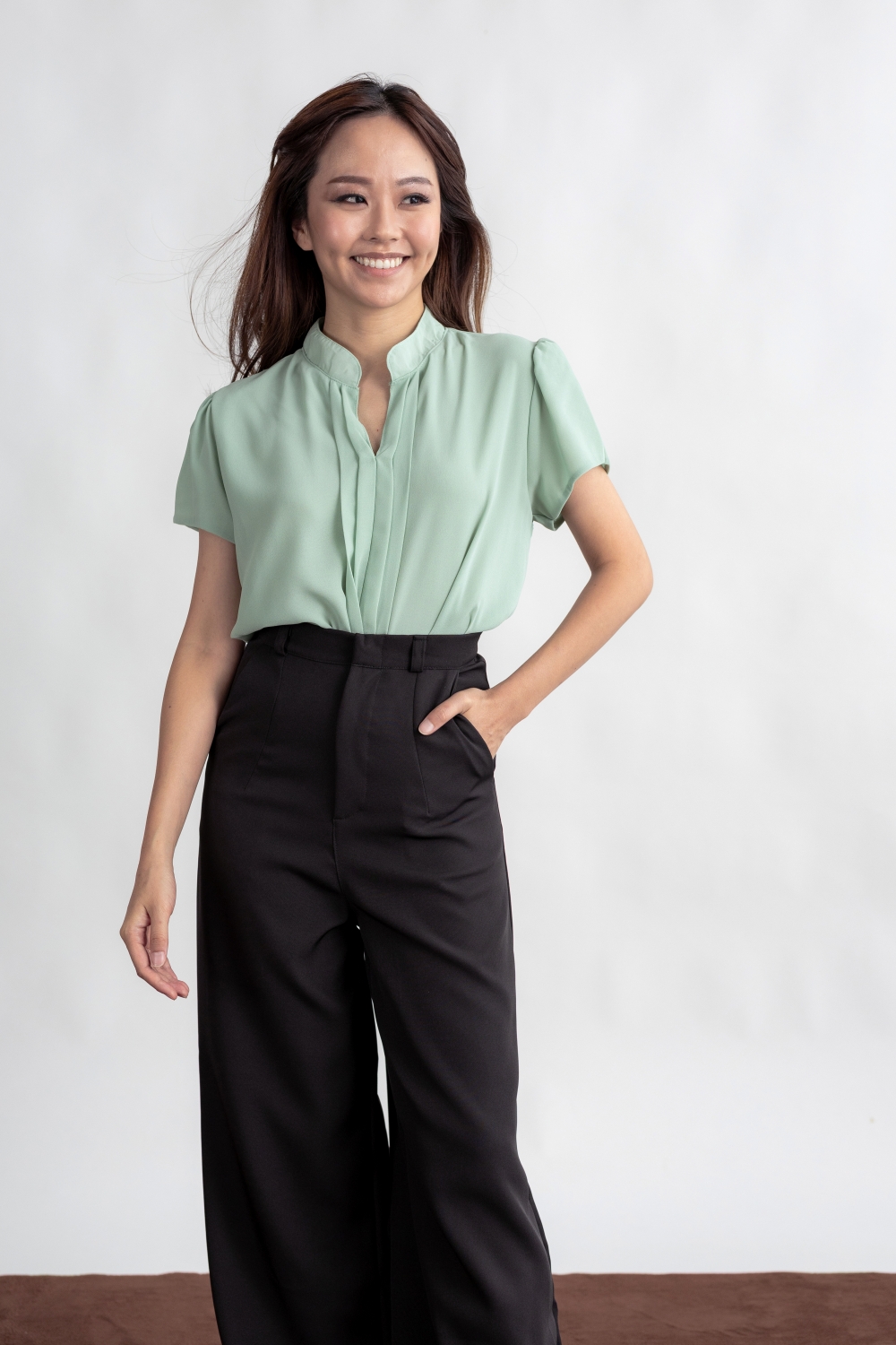 Mandarin Collar Pleated Front Blouse - Mint