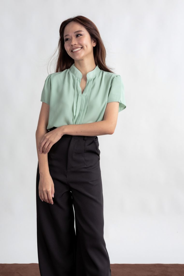 Mandarin Collar Pleated Front Blouse - Mint - Image 4
