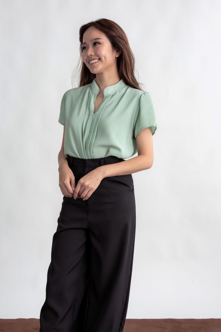 Mandarin Collar Pleated Front Blouse - Mint - Image 5