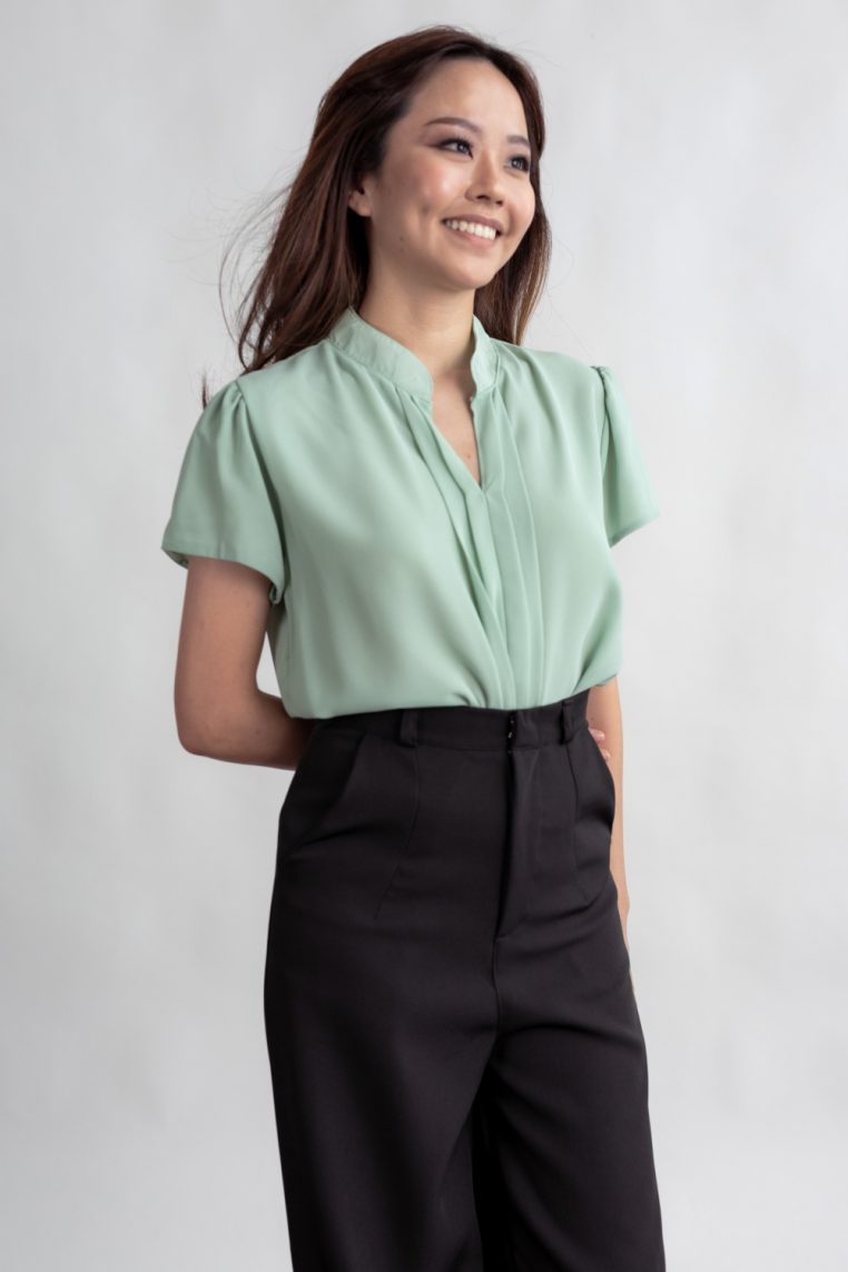 Mandarin Collar Pleated Front Blouse - Mint - Image 6