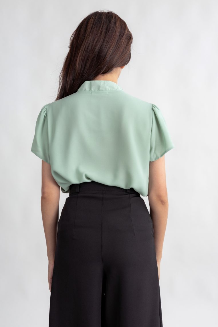 Mandarin Collar Pleated Front Blouse - Mint - Image 7