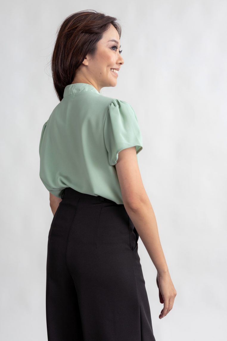 Mandarin Collar Pleated Front Blouse - Mint - Image 8