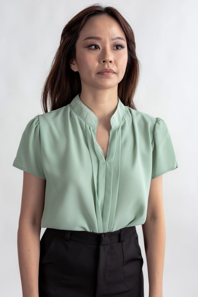 Mandarin Collar Pleated Front Blouse - Mint - Image 9