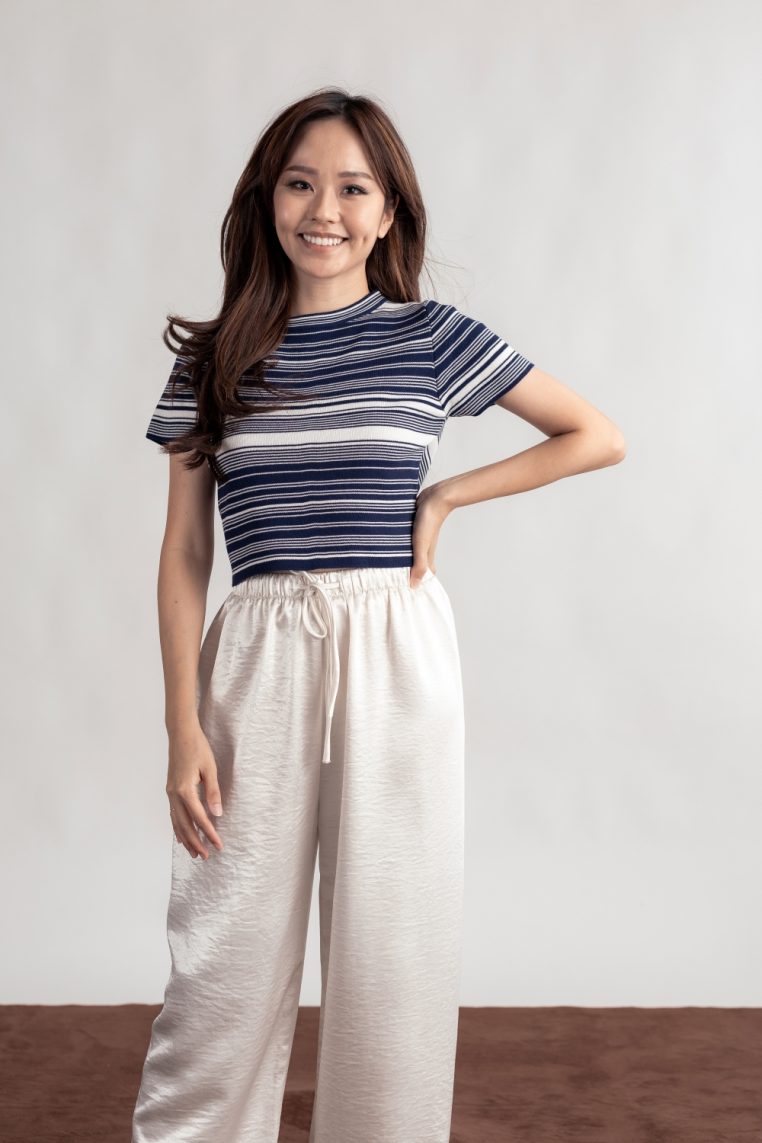 White Striped Knit Crop Top - Navy Blue