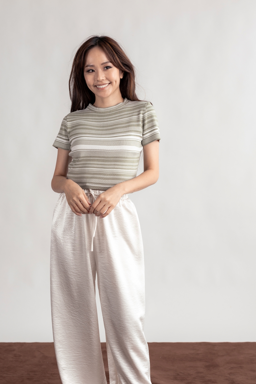 White Striped Knit Crop Top - Sage