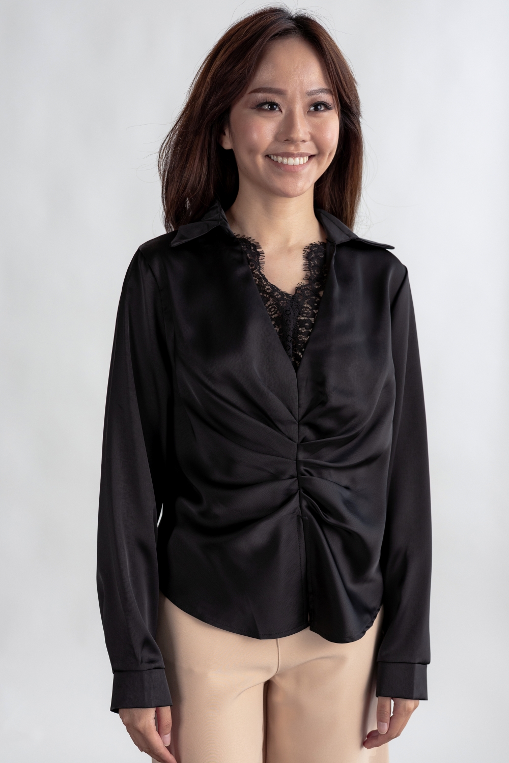 Lace Detail Long Sleeve Ruched Blouse - Black - Image 3