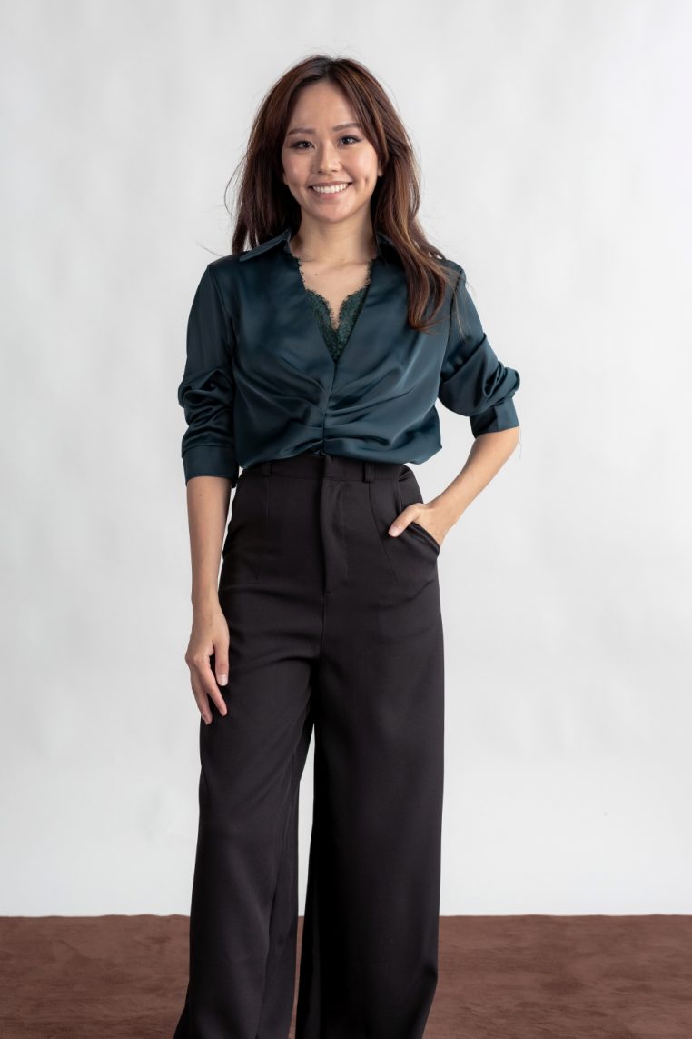 Lace Detail Long Sleeve Ruched Blouse - Forest Green