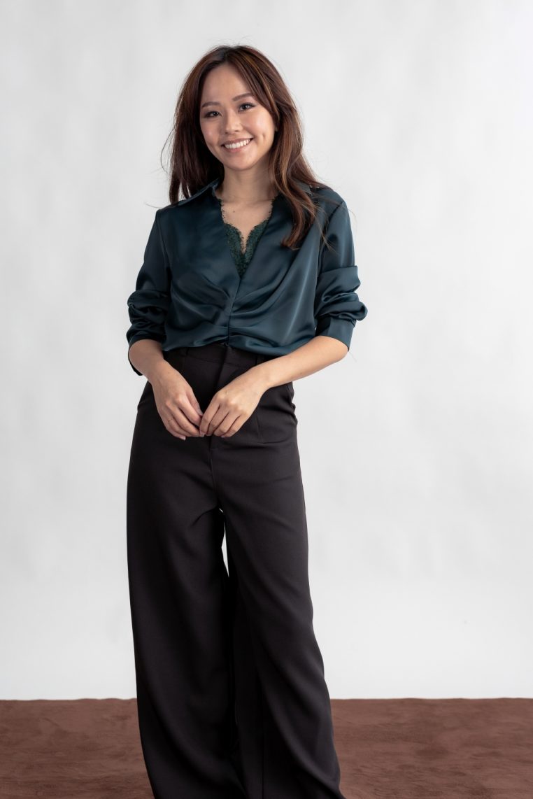 Lace Detail Long Sleeve Ruched Blouse - Forest Green - Image 5