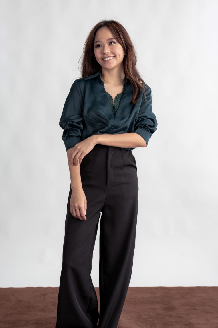 Lace Detail Long Sleeve Ruched Blouse - Forest Green - Image 3