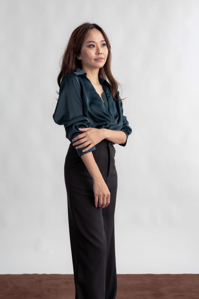 Lace Detail Long Sleeve Ruched Blouse - Forest Green - Image 8