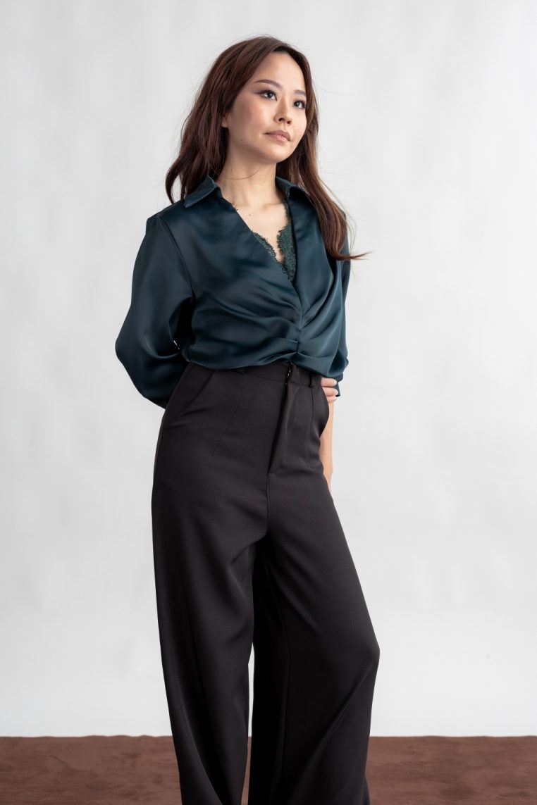 Lace Detail Long Sleeve Ruched Blouse - Forest Green - Image 9