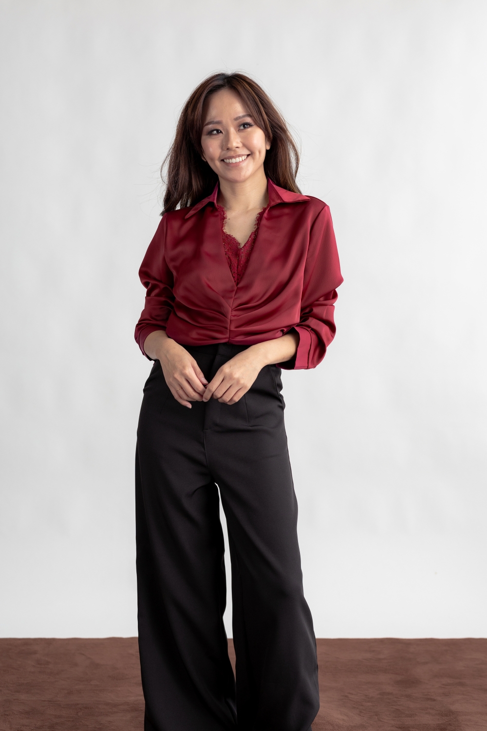 Lace Detail Long Sleeve Ruched Blouse - Maroon