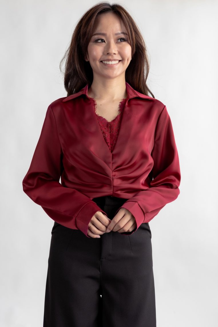 Alternative view of Lace Detail Long Sleeve Ruched Blouse - Maroon