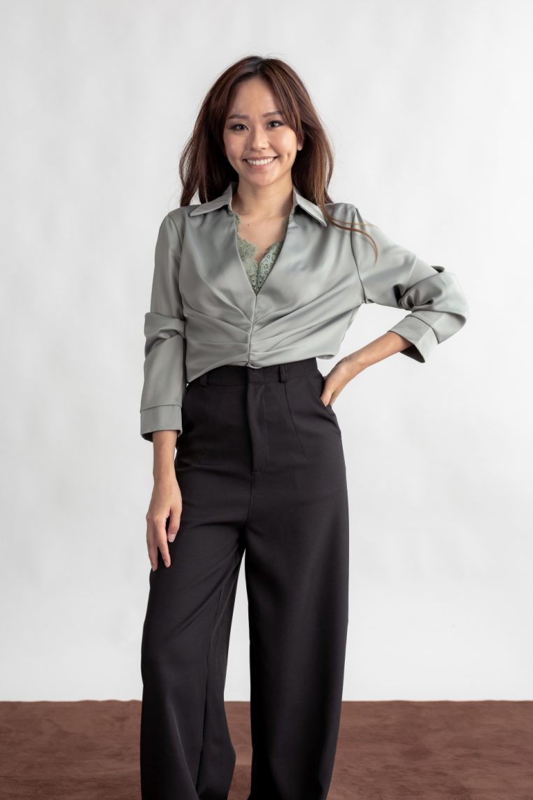 Lace Detail Long Sleeve Ruched Blouse - Sage Grey