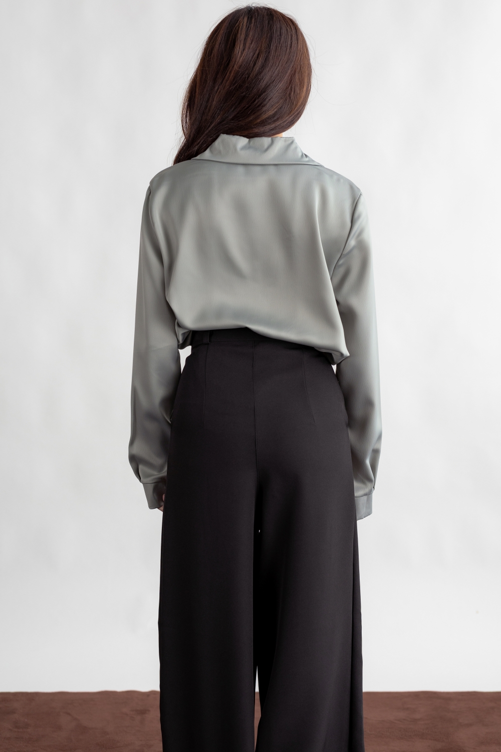 Lace Detail Long Sleeve Ruched Blouse - Sage Grey - Image 7