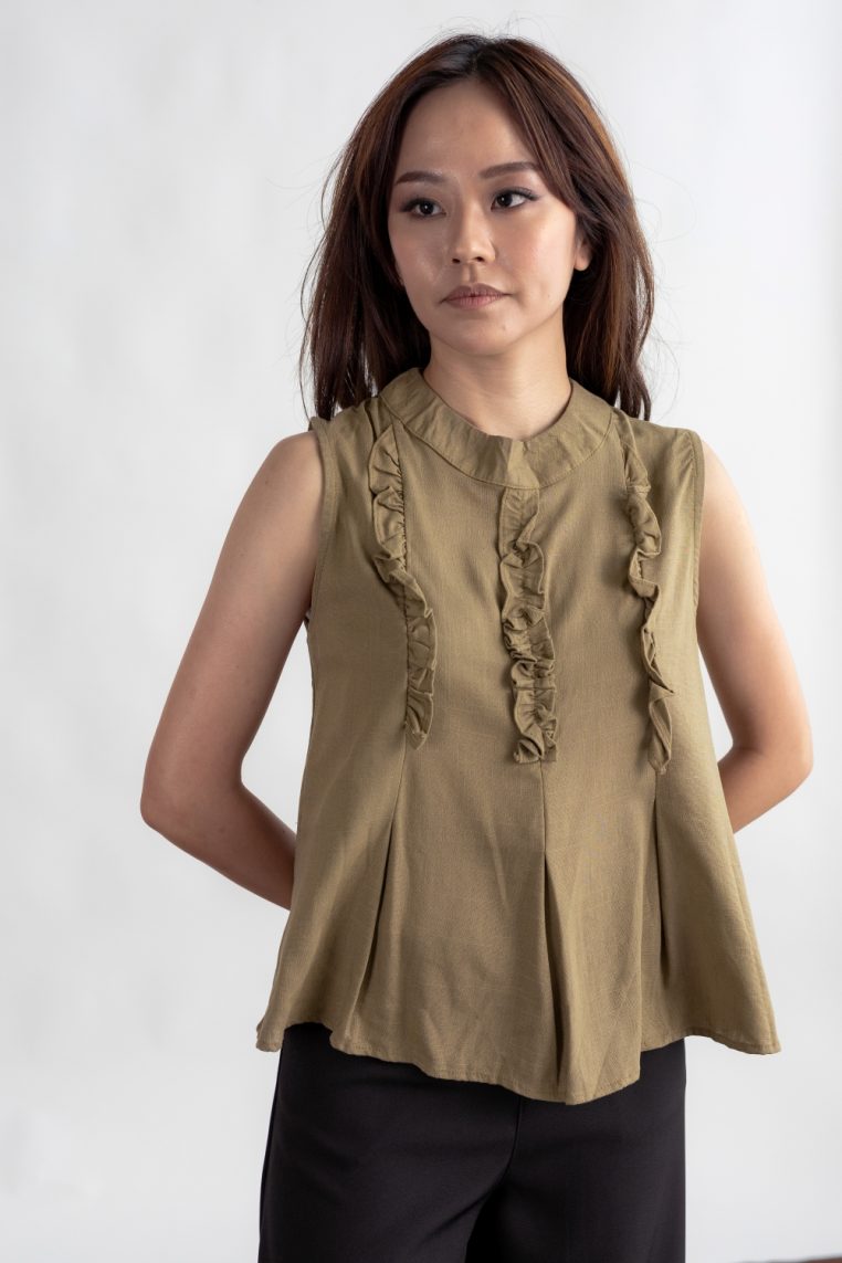 Ruffle Front Sleeveless Linen Blouse - Olive Brown
