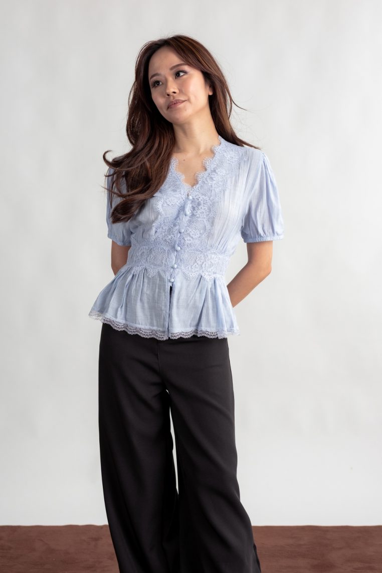 Lace Trim Cinched Blouse - Blue