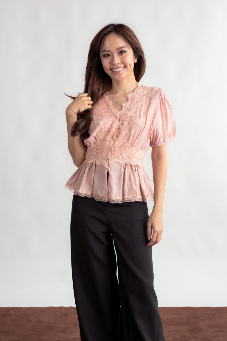 Lace Trim Cinched Blouse - Pink