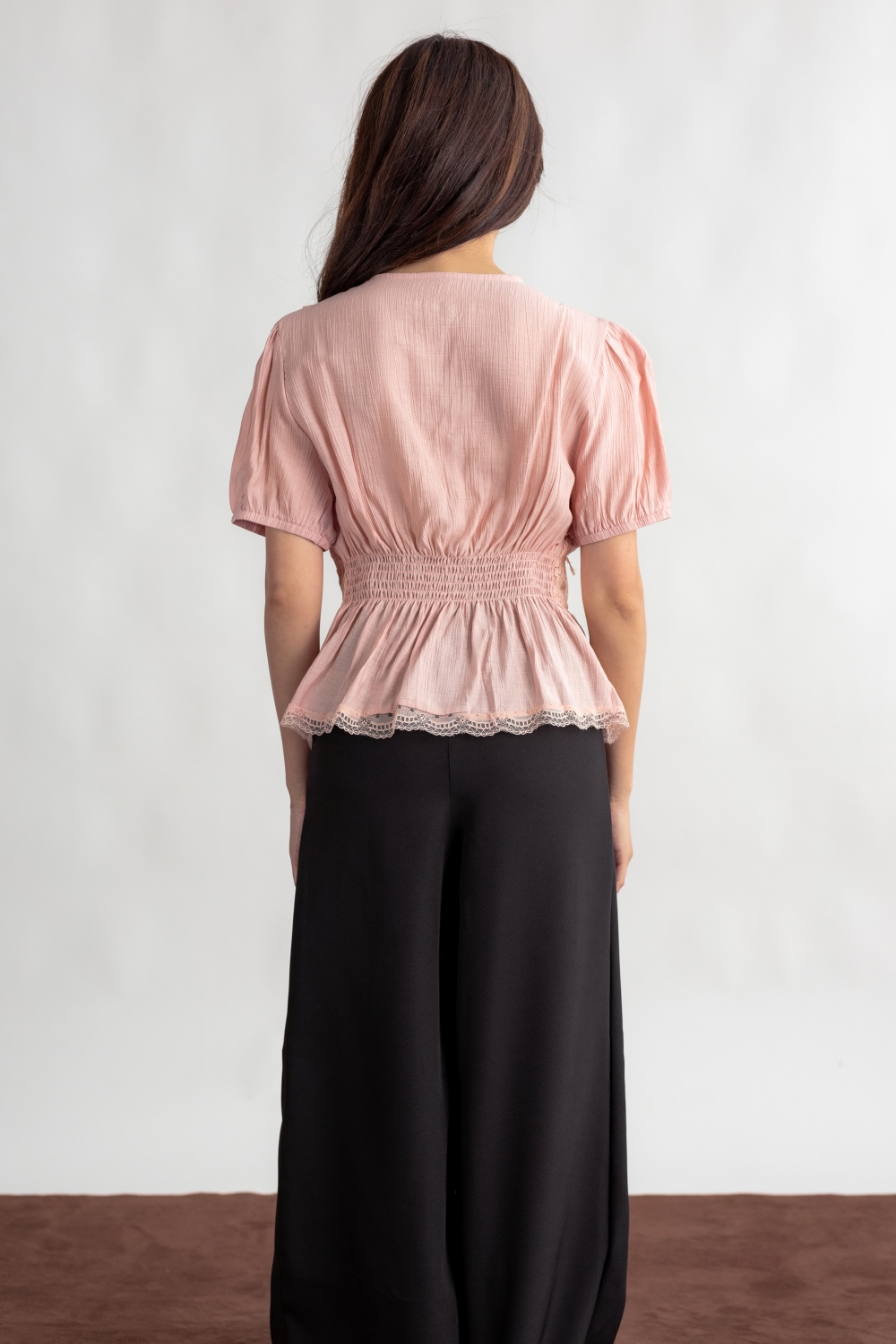 Lace Trim Cinched Blouse - Pink - Image 7