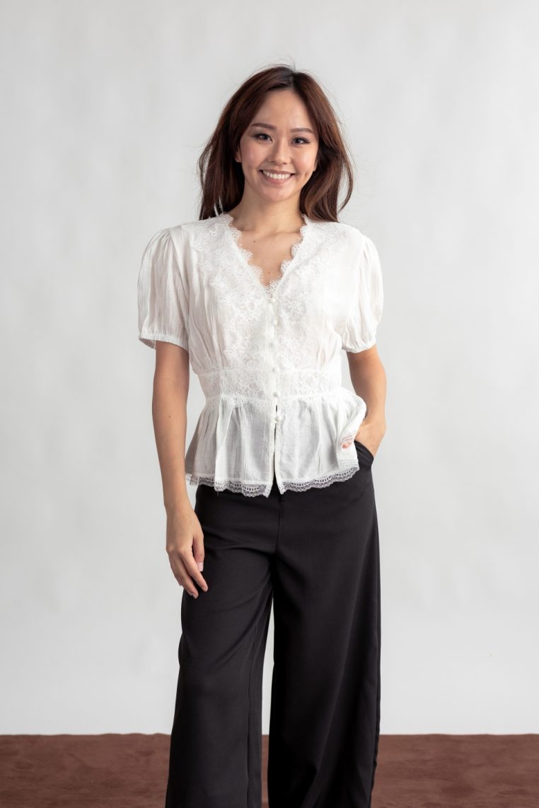 Lace Trim Cinched Blouse - White - Image 3