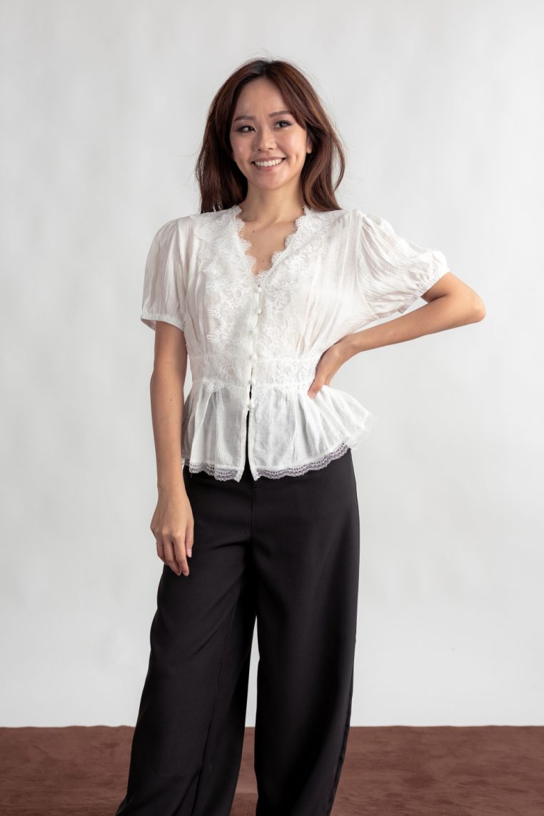 Lace Trim Cinched Blouse - White - Image 5