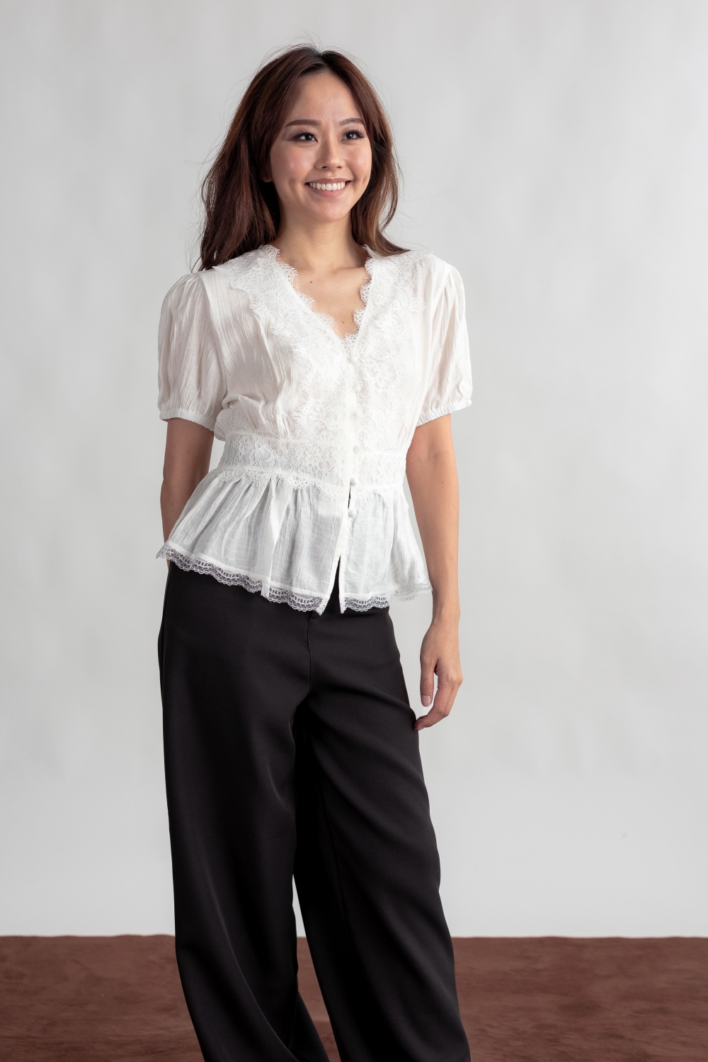 Lace Trim Cinched Blouse - White
