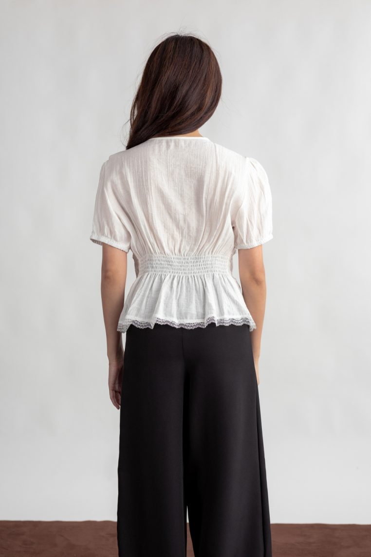 Lace Trim Cinched Blouse - White - Image 7