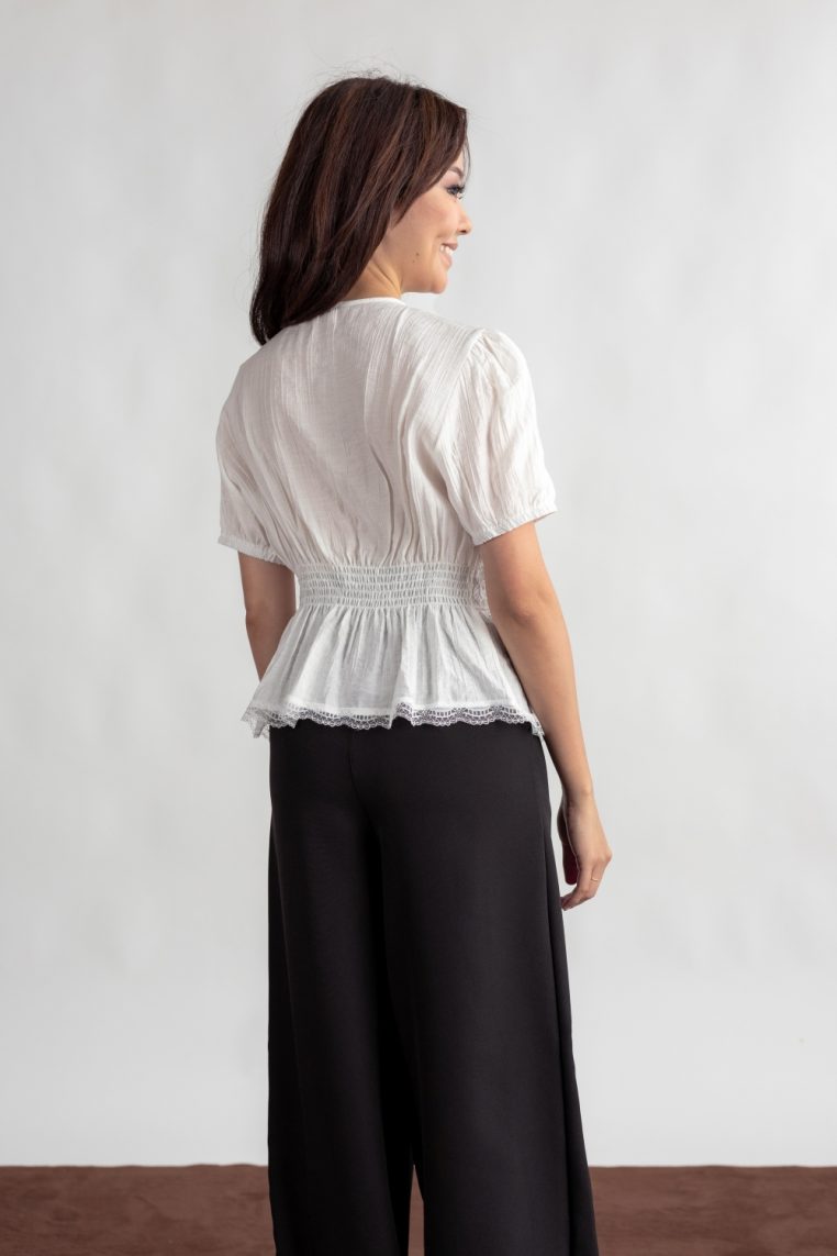 Lace Trim Cinched Blouse - White - Image 8