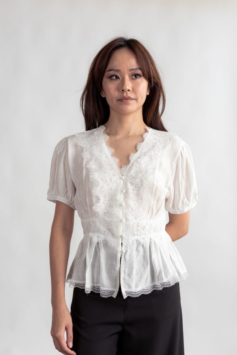 Lace Trim Cinched Blouse - White - Image 9