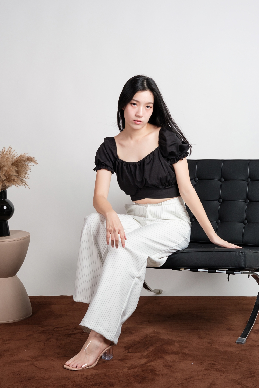 Puff Sleeve Tie Back Crop Top - Black