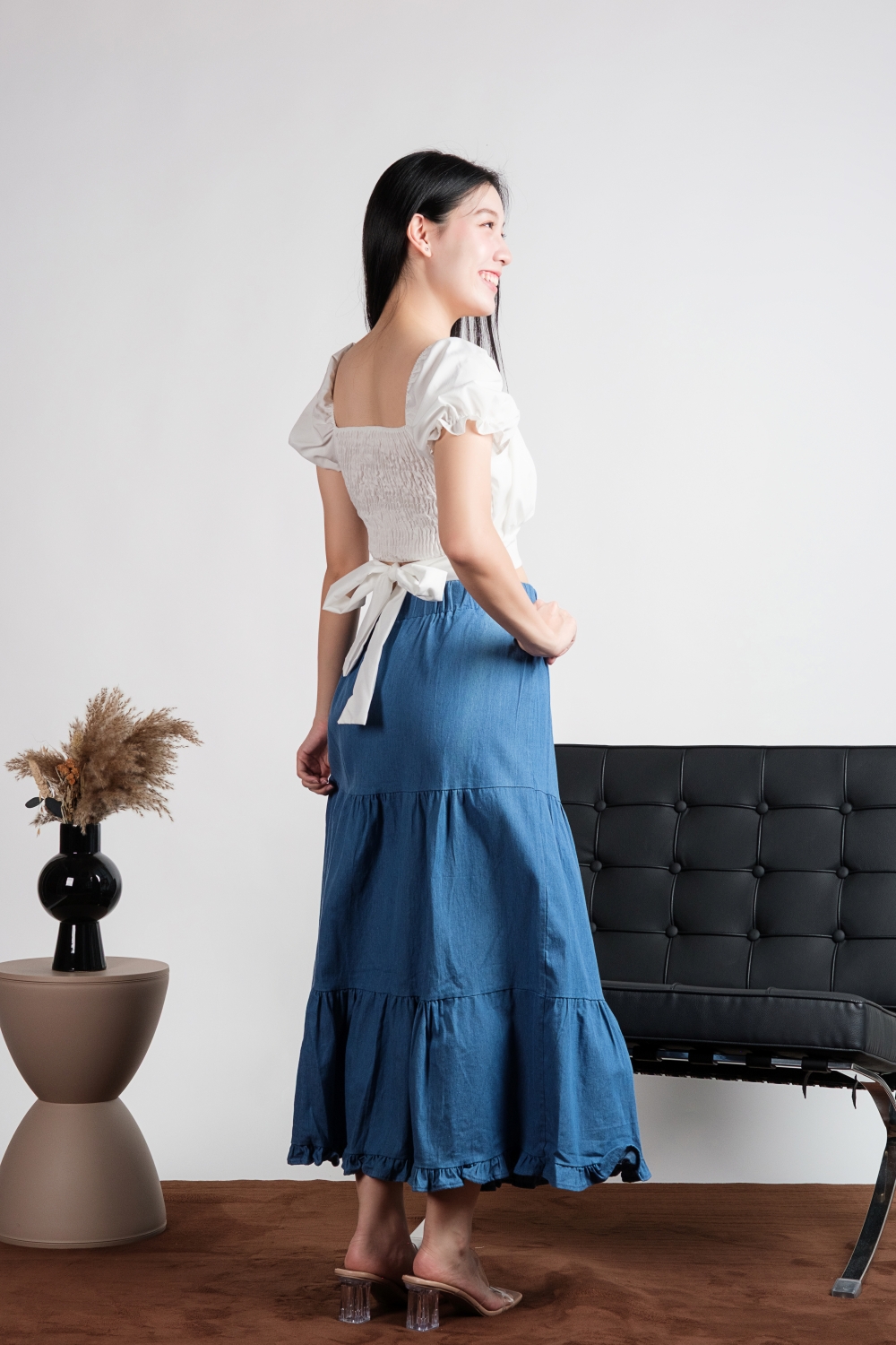 Puff Sleeve Tie Back Crop Top - White - Image 2