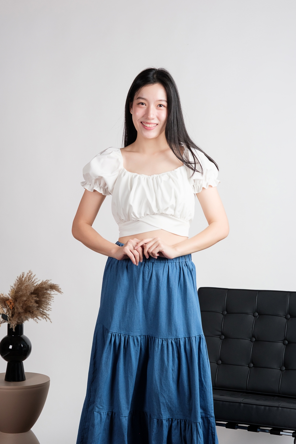 Puff Sleeve Tie Back Crop Top - White - Image 4