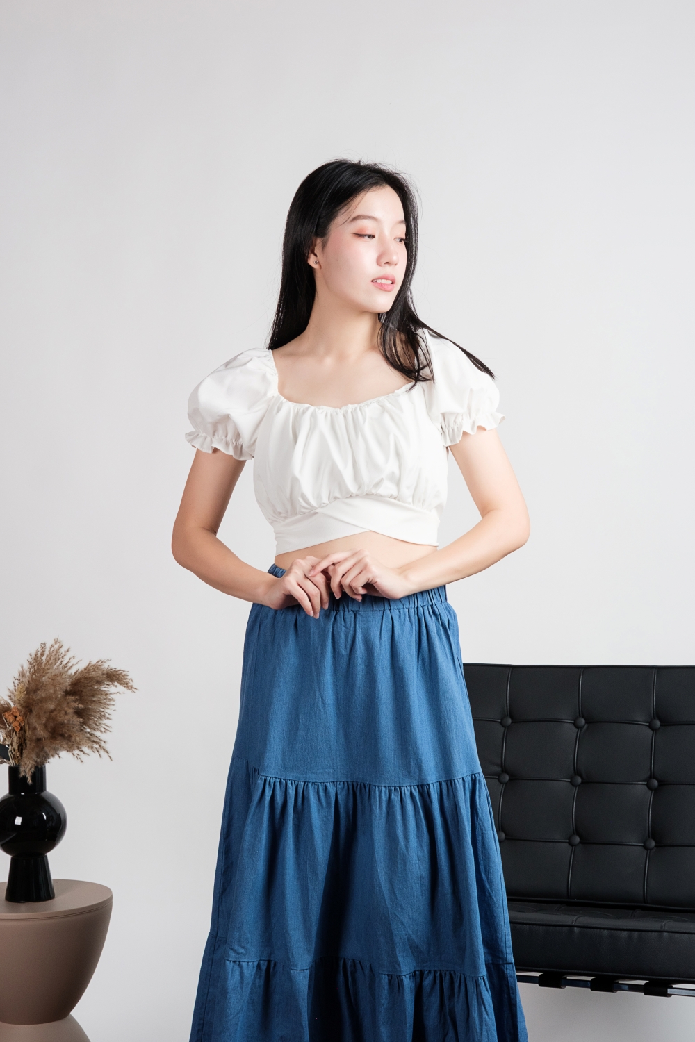 Puff Sleeve Tie Back Crop Top - White